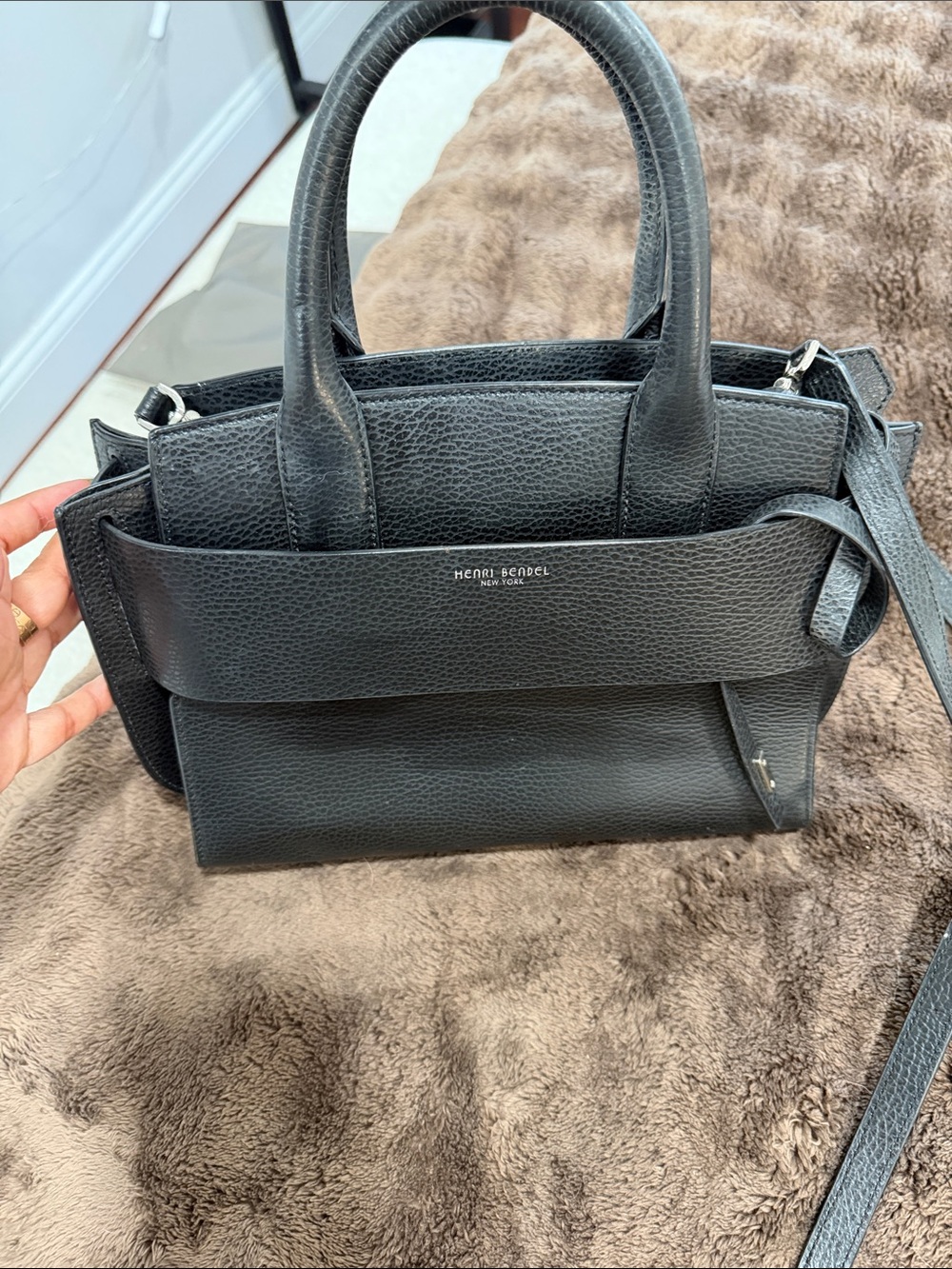 henri bendel Black Pebbled Leather Satchel with Crossbody Strap